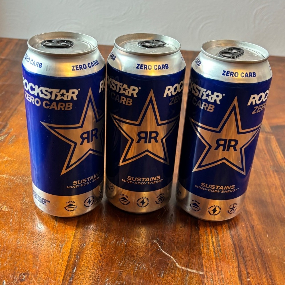 Rockstar Zero Carb Energy Drink 16oz Cans 3 Pack Blue Silver Exp 8/2025